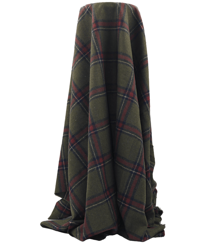 CHECKED WOOL $18.00P/M - Olive &amp; Burgundy Check - The Fabric Shop