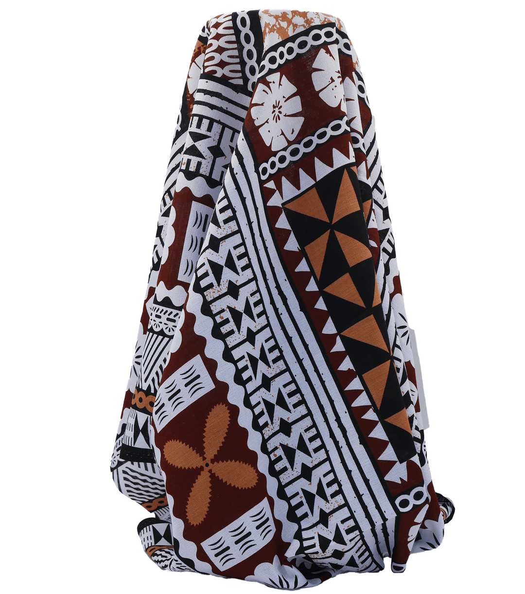 COTTON DOBBY PACIFIC FIJIAN PRINT $10.00P/M - WHITE &amp; BROWN (DESIGN B) - The Fabric Shop