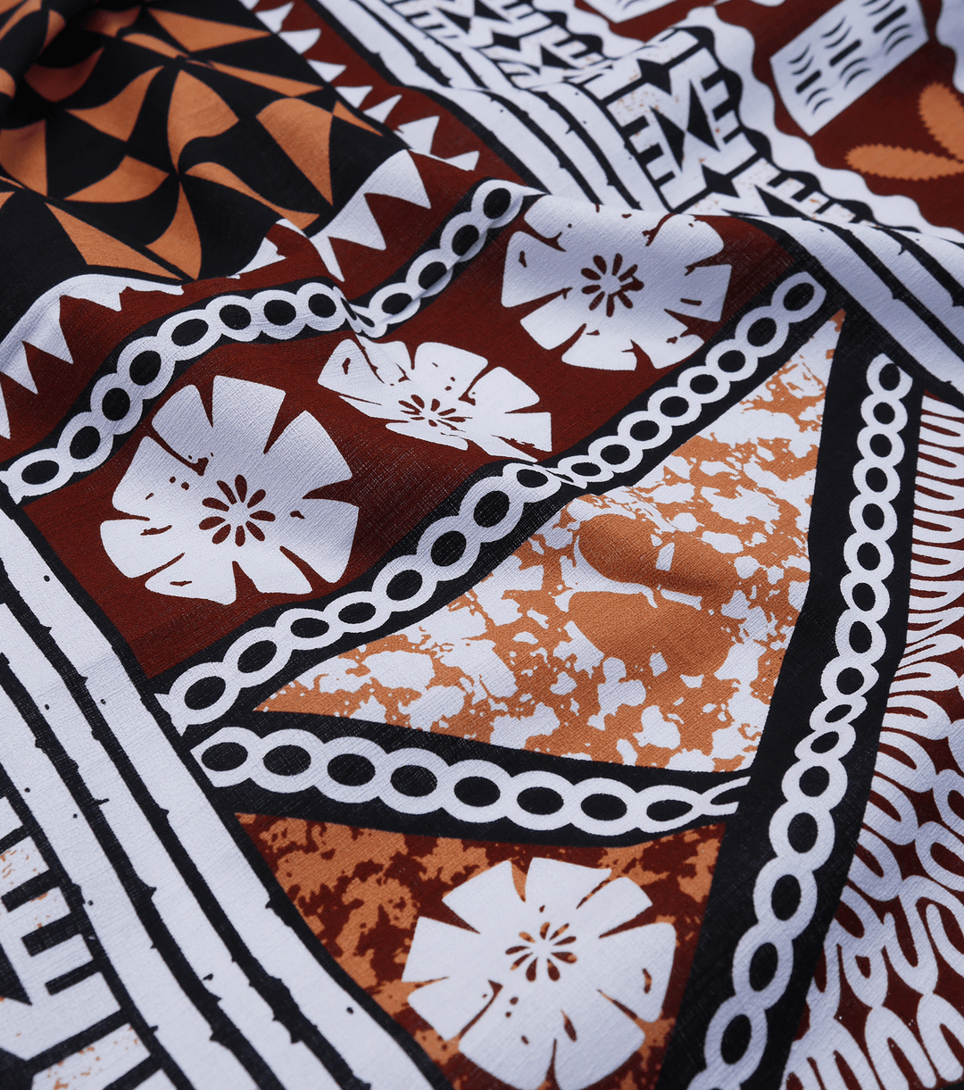 COTTON DOBBY PACIFIC FIJIAN PRINT $10.00P/M - WHITE &amp; BROWN (DESIGN B) - The Fabric Shop
