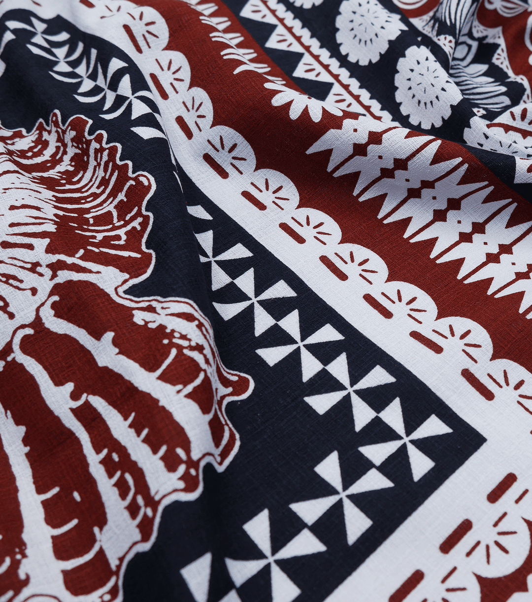 COTTON DOBBY PACIFIC FIJIAN PRINT $10.00P/M - WHITE &amp; COCOA (DESIGN A) - The Fabric Shop