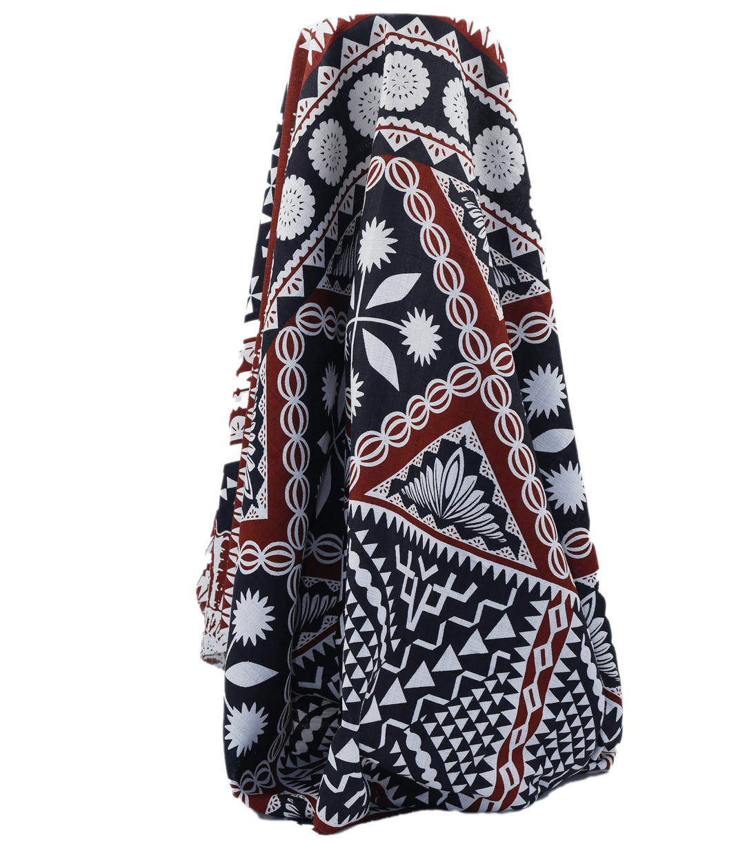 COTTON DOBBY PACIFIC FIJIAN PRINT $10.00P/M - WHITE &amp; COCOA (DESIGN A) - The Fabric Shop