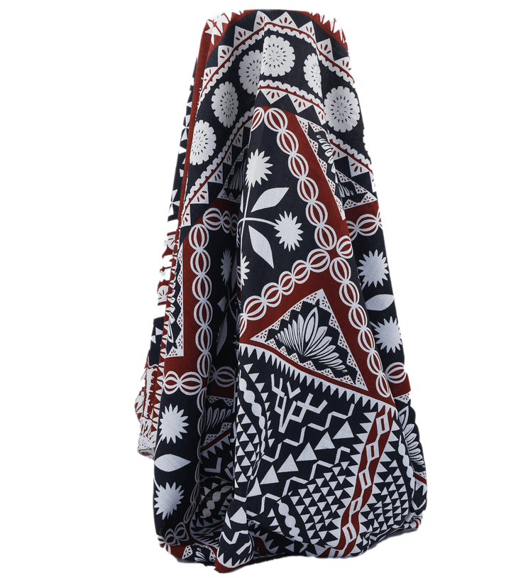 COTTON DOBBY PACIFIC FIJIAN PRINT $10.00P/M - WHITE &amp; COCOA (DESIGN A) - The Fabric Shop