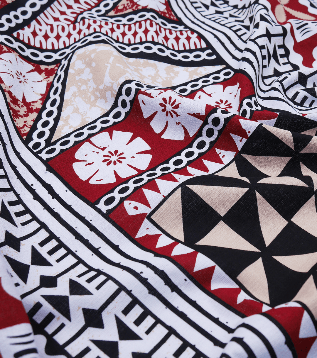 COTTON DOBBY PACIFIC FIJIAN PRINT $10.00P/M - White &amp; Red (DESIGN B) - The Fabric Shop