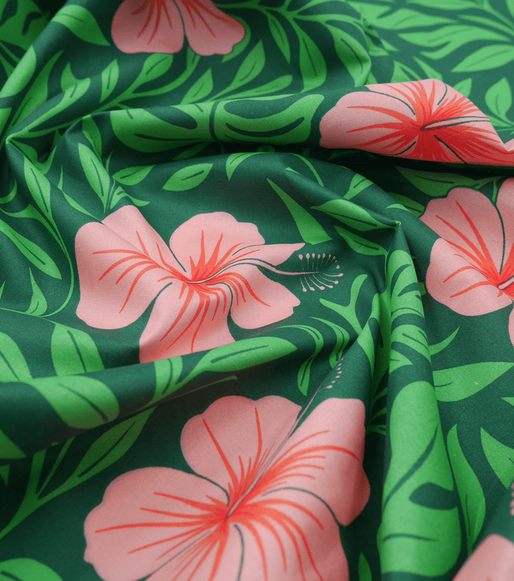 POLYESTER / COTTON PACIFIC PRINT $3.00P/M - GREEN &amp; PINK - The Fabric Shop