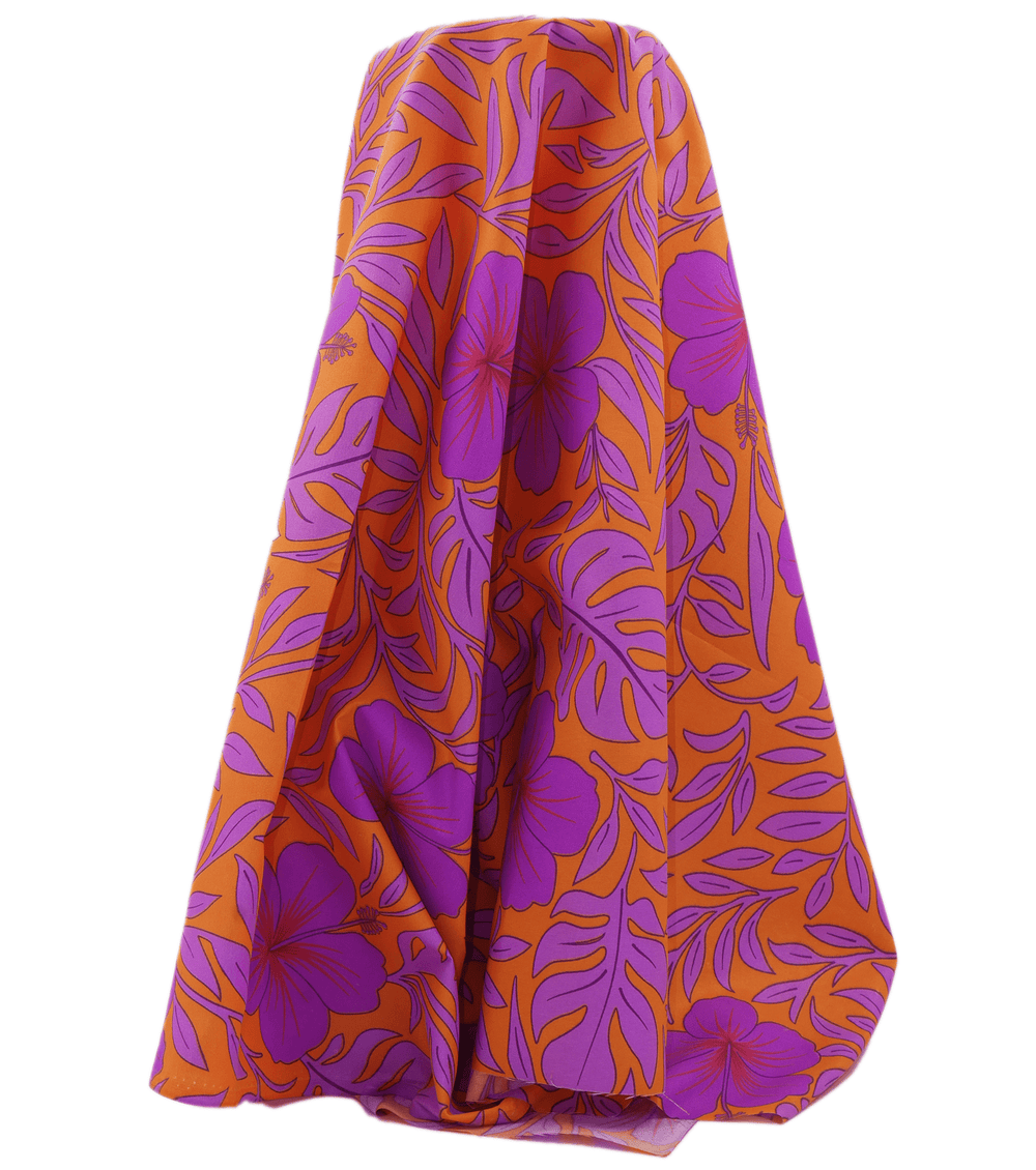 POLYESTER / COTTON PACIFIC PRINT $3.00P/M - ORANGE & PURPLE - The Fabric Shop