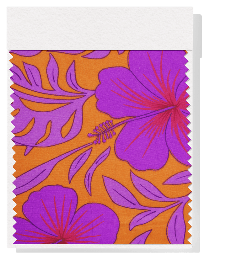 POLYESTER / COTTON PACIFIC PRINT $3.00P/M - ORANGE &amp; PURPLE - The Fabric Shop