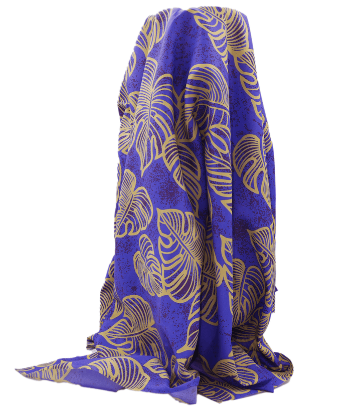 POLYESTER / COTTON PACIFIC PRINT $3.00P/M - purple &amp; gold - The Fabric Shop