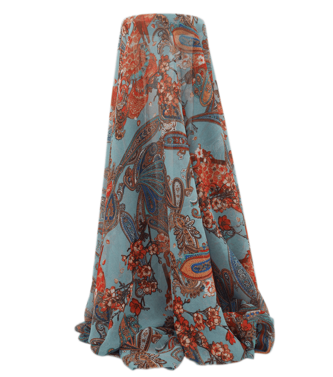 PRINTED POLYESTER $5.00P/M - Coral Paisley Garden - The Fabric Shop