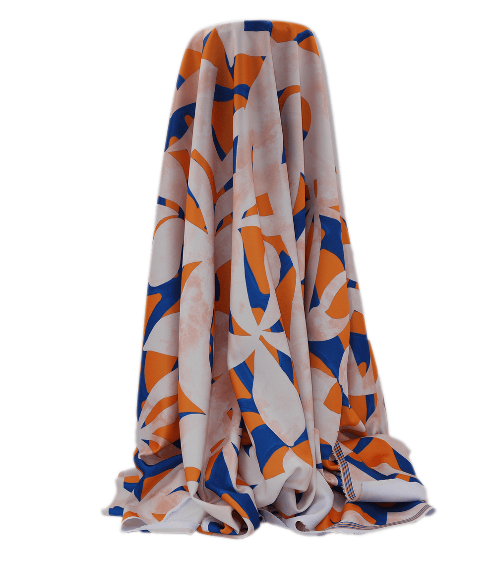 STRETCH POLYESTER PACIFIC PRINT $12.00P/M Orange & Blue - The Fabric Shop