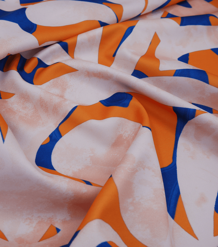 STRETCH POLYESTER PACIFIC PRINT $12.00P/M Orange &amp; Blue - The Fabric Shop