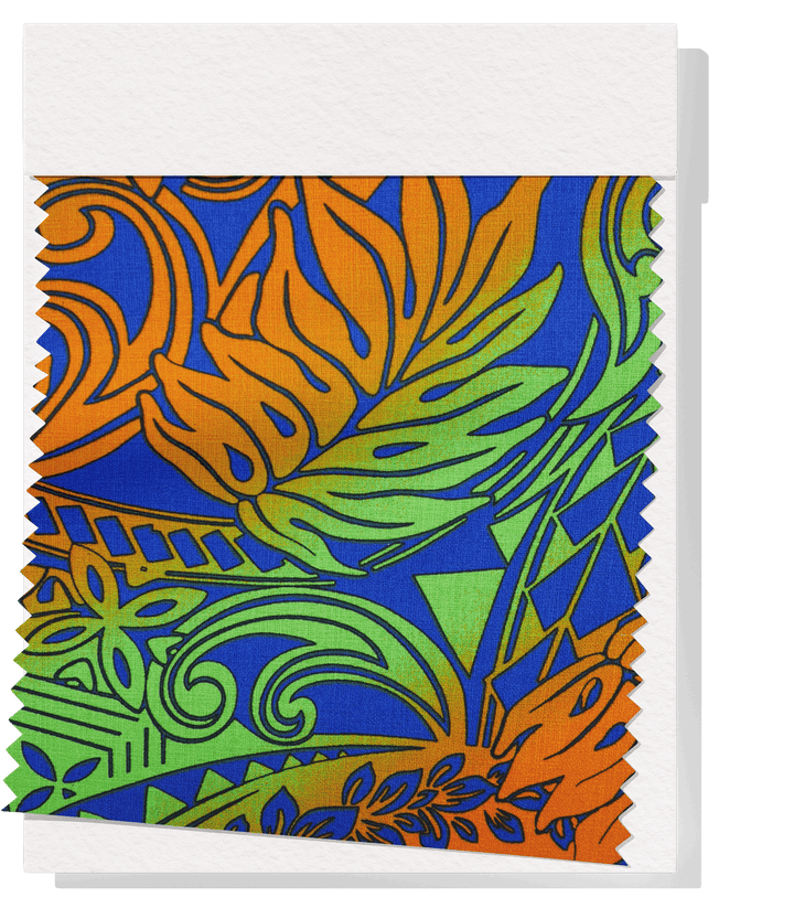 Cotton Dobby Pacific Print $10.00p/m - Design  1 Royal, Orange &amp; Green - The Fabric Shop