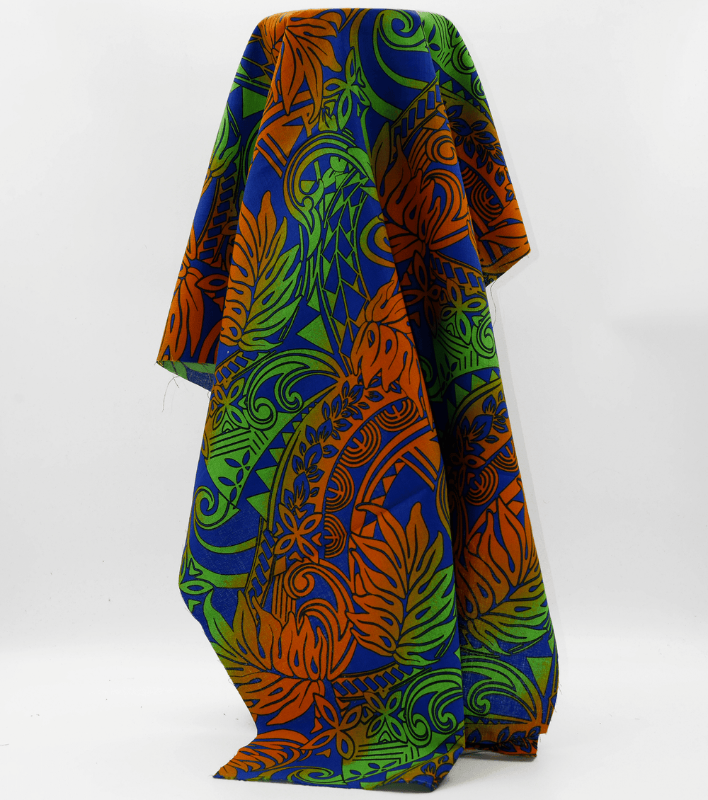 Cotton Dobby Pacific Print $10.00p/m - Design  1 Royal, Orange & Green - The Fabric Shop