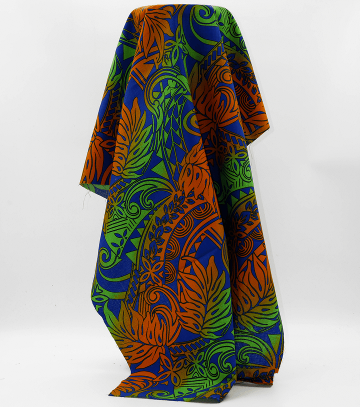 Cotton Dobby Pacific Print $10.00p/m - Design  1 Royal, Orange &amp; Green - The Fabric Shop