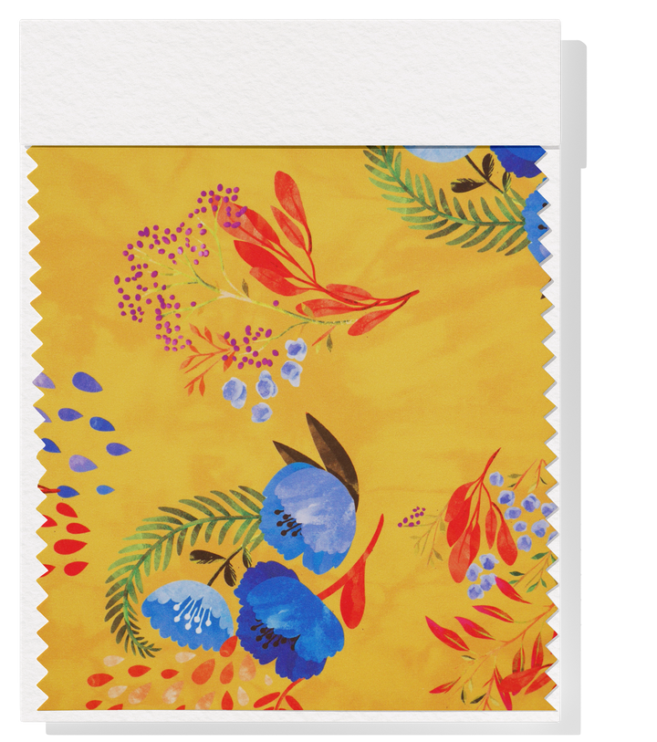 Printed Polyester $5.00p/m - Gold w/ blue flower (Online Only)