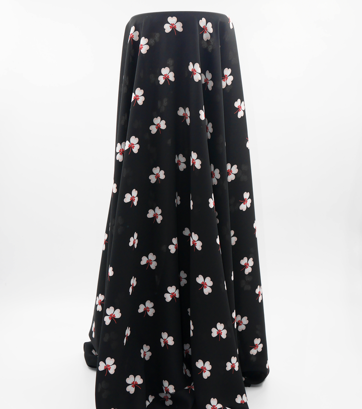 Printed Polyester $5.00p/m - Black w/ white flower  (Online Only)