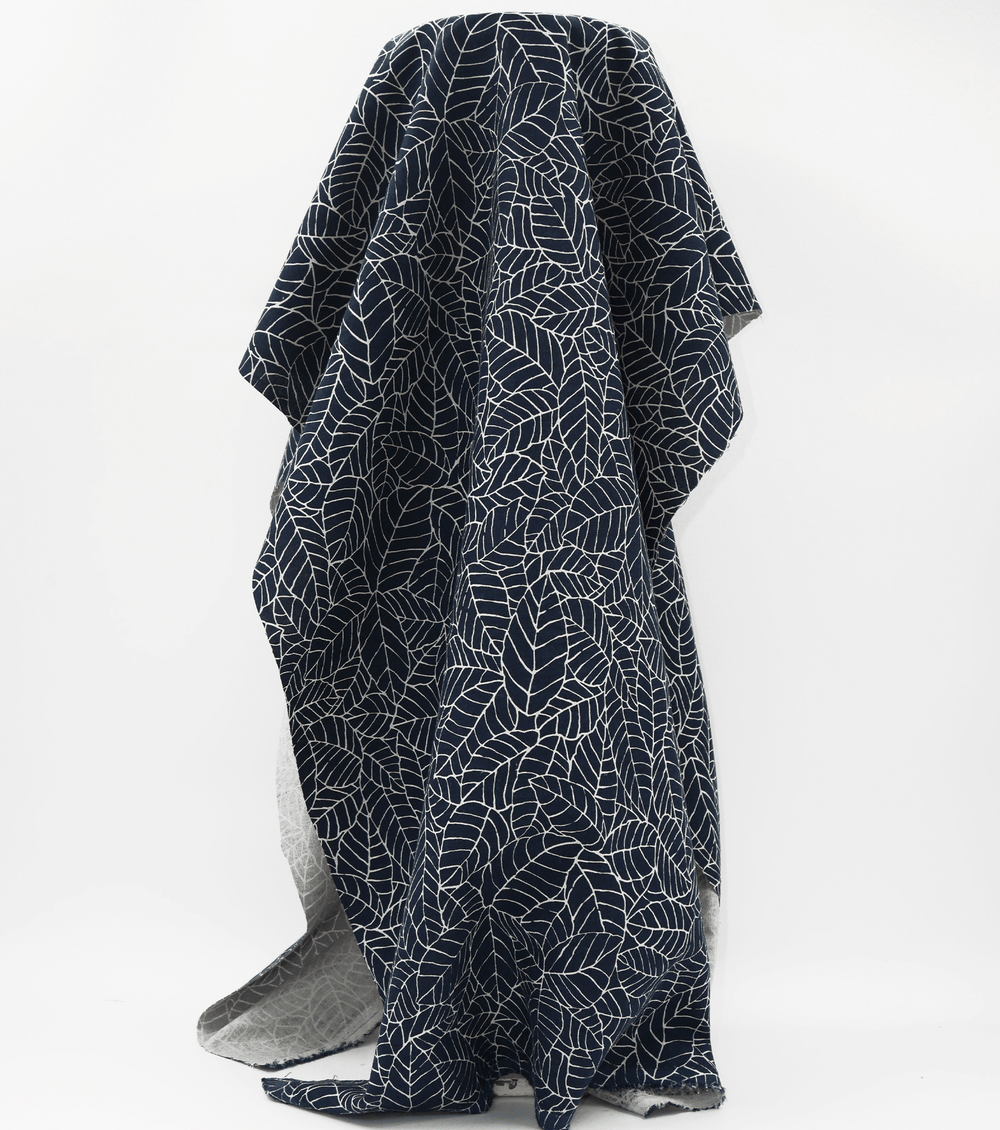 Printed Linen / Cotton $28.00p/m - Navy Leaf - The Fabric Shop